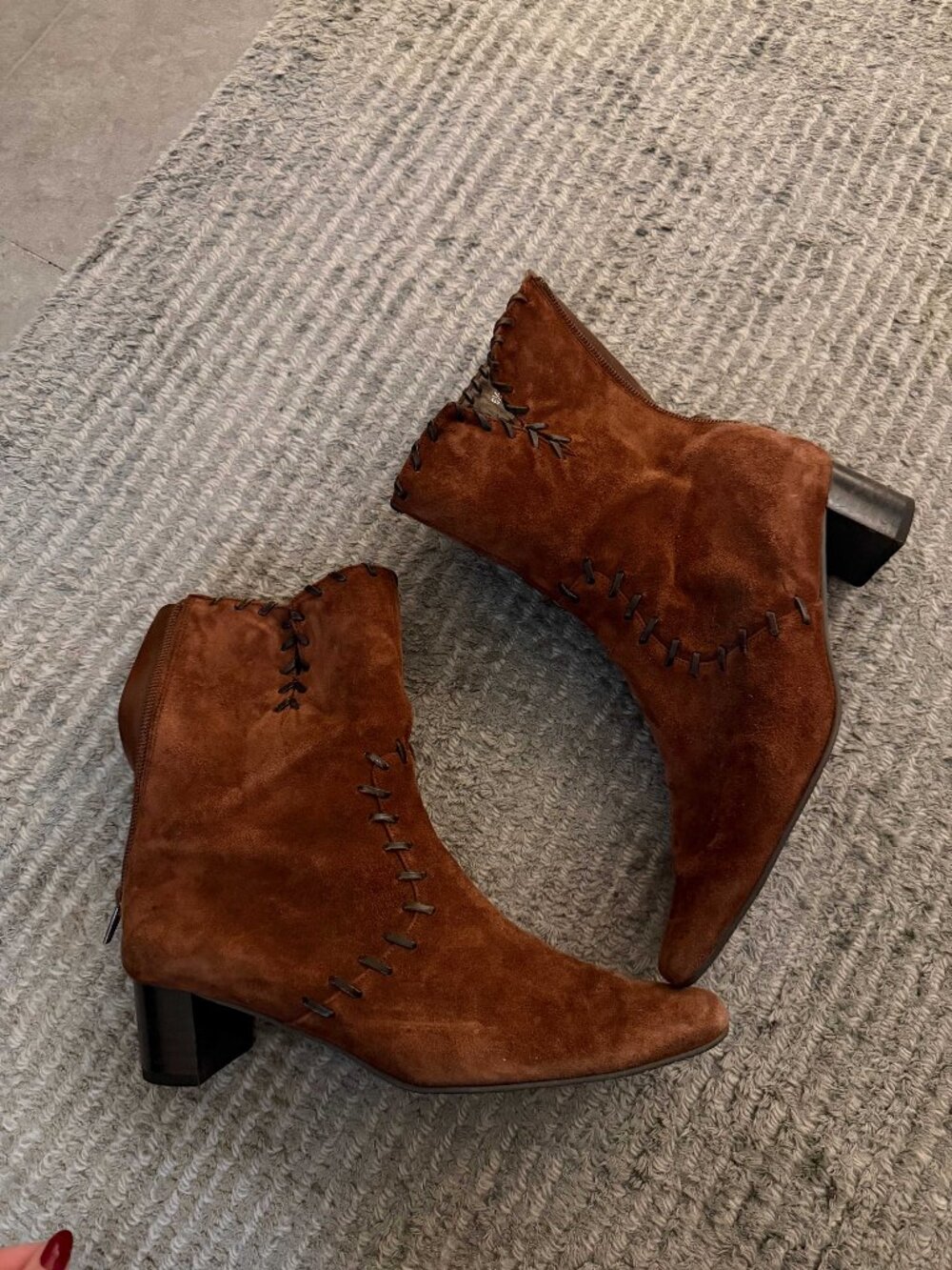 Vaneli Cognac Suede Whipstitch Ankle Boots 6.5